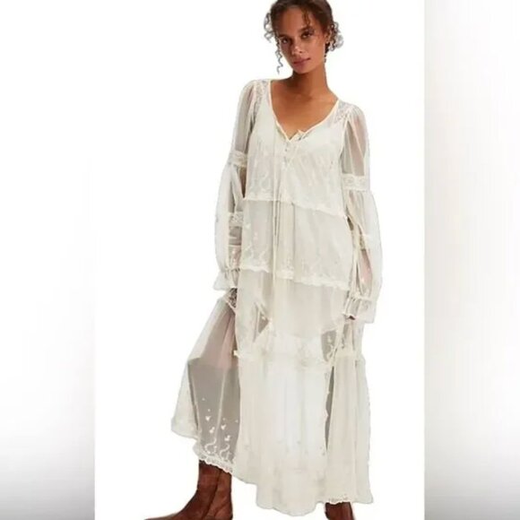 Free People NWOT Stevie Embroidered Mesh & Lace Maxi Dress in Tea - xs - Picture 1 of 6